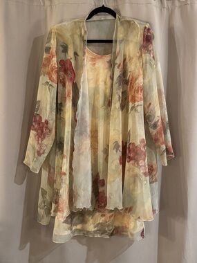 Jeffrey & Dara Sheer Floral Kimono Jacket in Cream and Blush with Dress